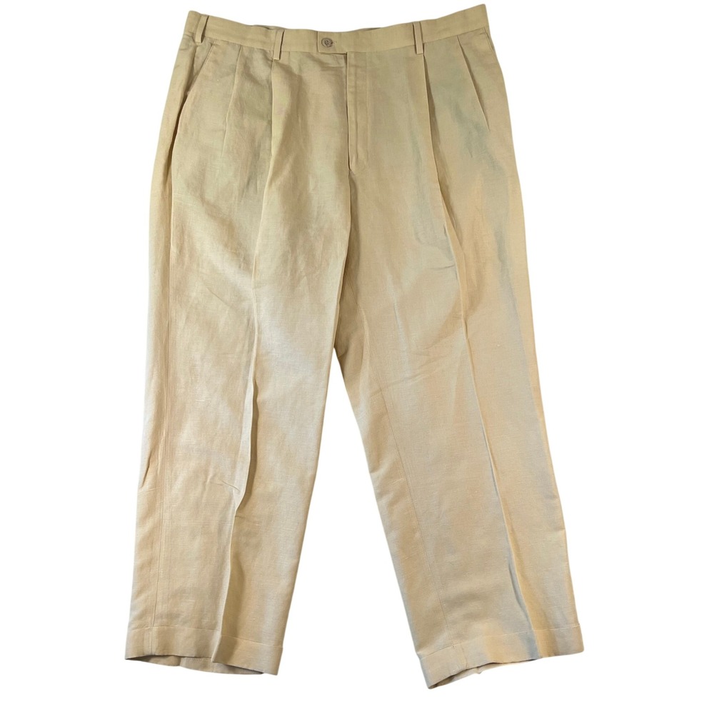 Louis Raphael Rosso Dress Pants Men 42x30 (Fit 42x29) Pleated Linen Cream Cuffed
